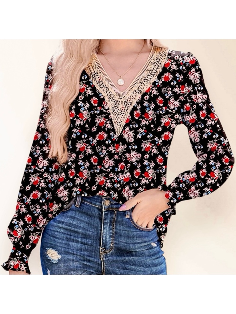 Naggoo Bubble Sleeve V-neck Blouse with Lace Trim Floral Black NWT